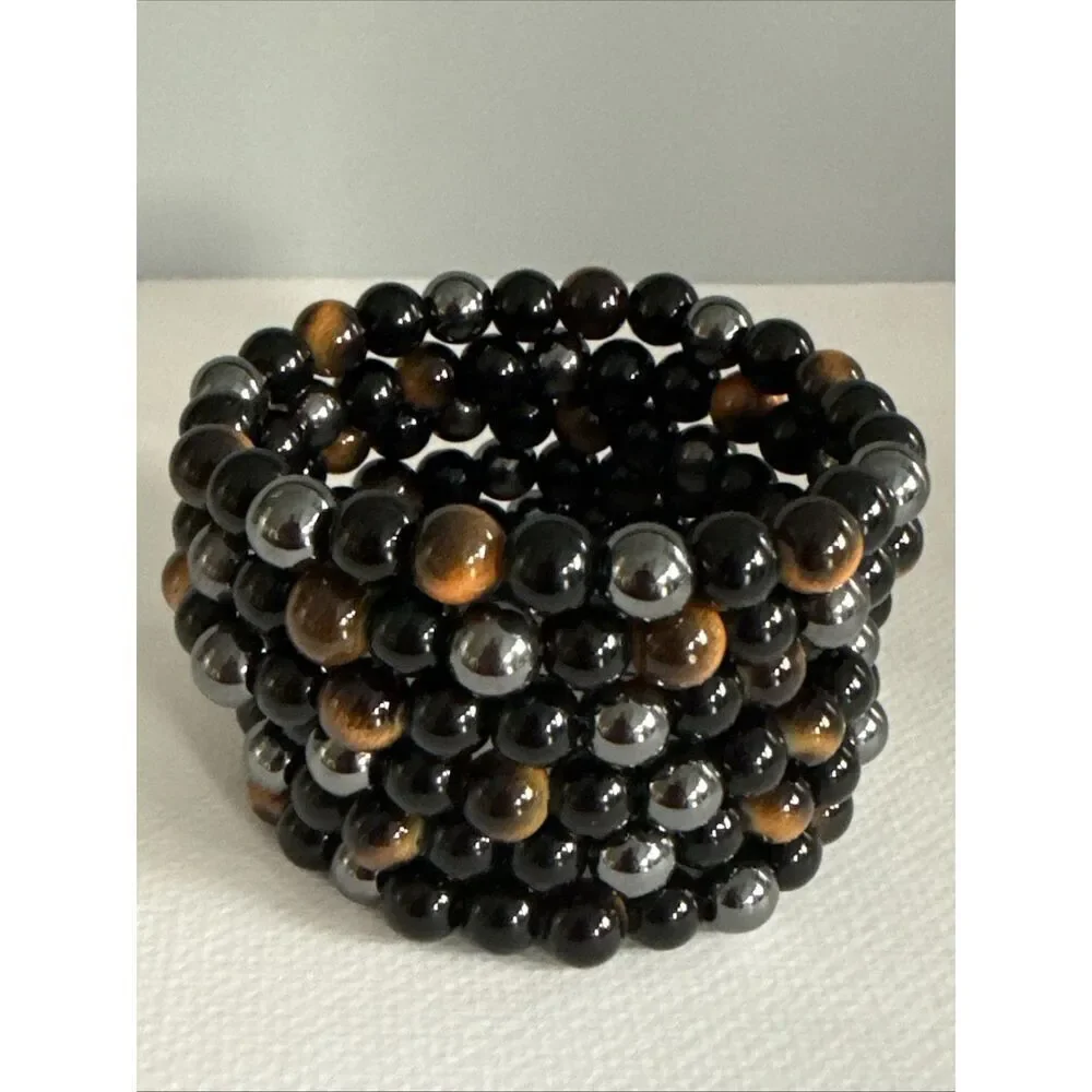Set of 6 Tiger’s Eye Pattern and Hematite Finish Stretch Bracelets